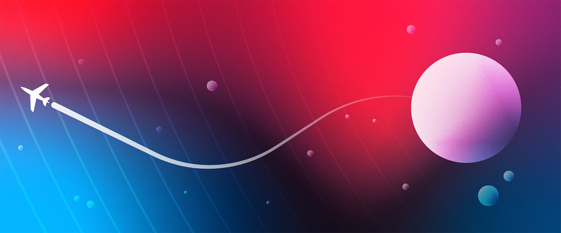 pink planet, airplane, ona blue and red abstract background